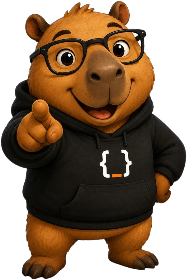 Capivara de óculos e moletom preto com o logo da comunidade, apontando para a agenda
